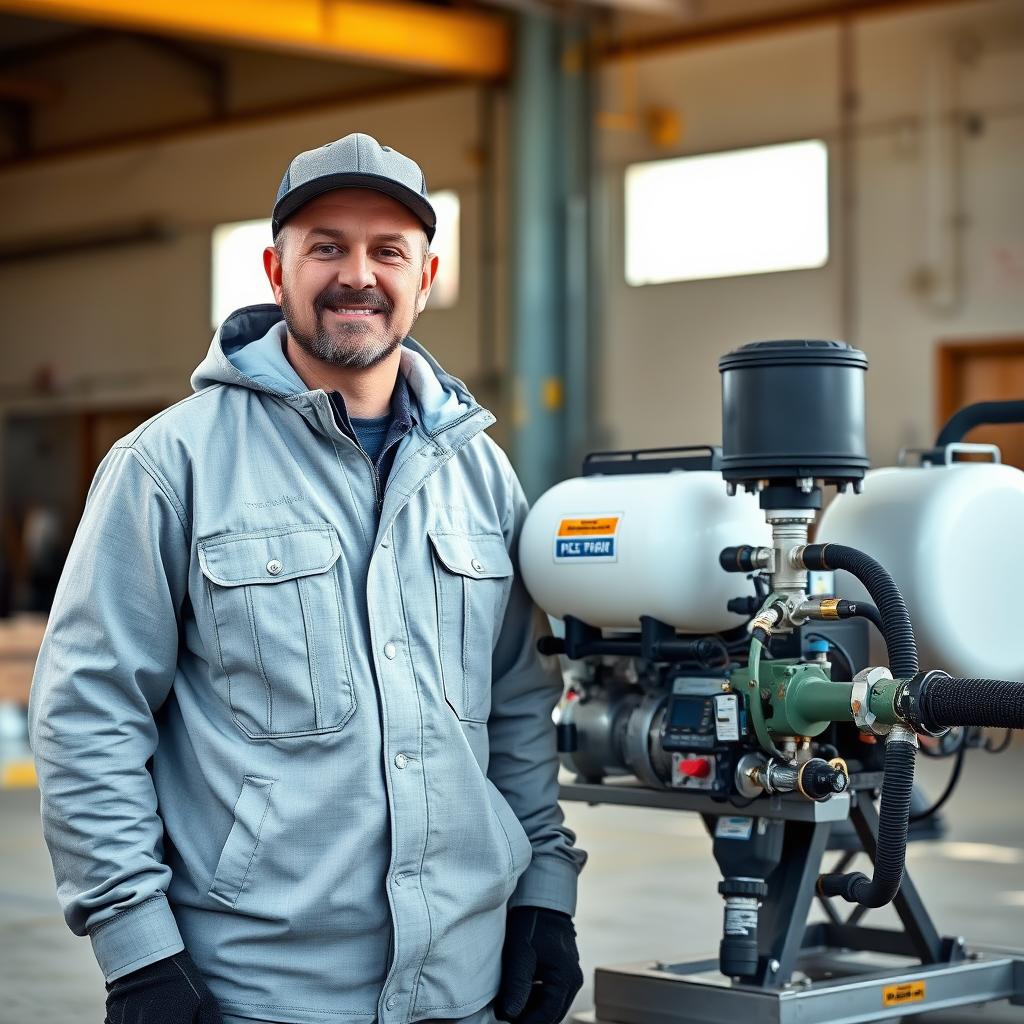 Spray contractor in full PPE next to a proportioner rig — Contractors Choice Agency team